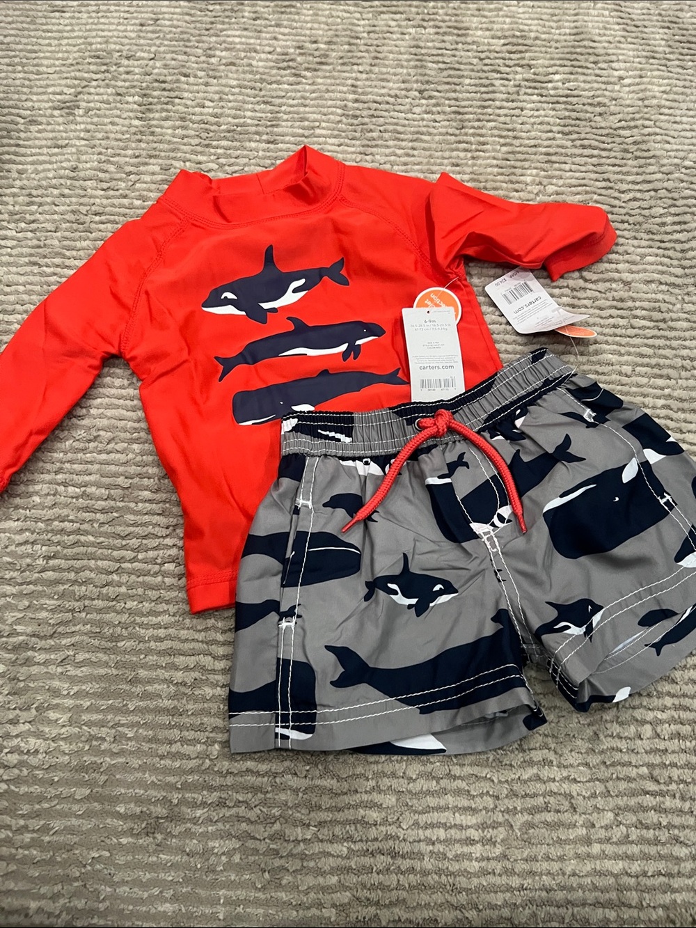 Carter's Bright Red Orca Rashguard Swim Set with Gray Whale Trunks